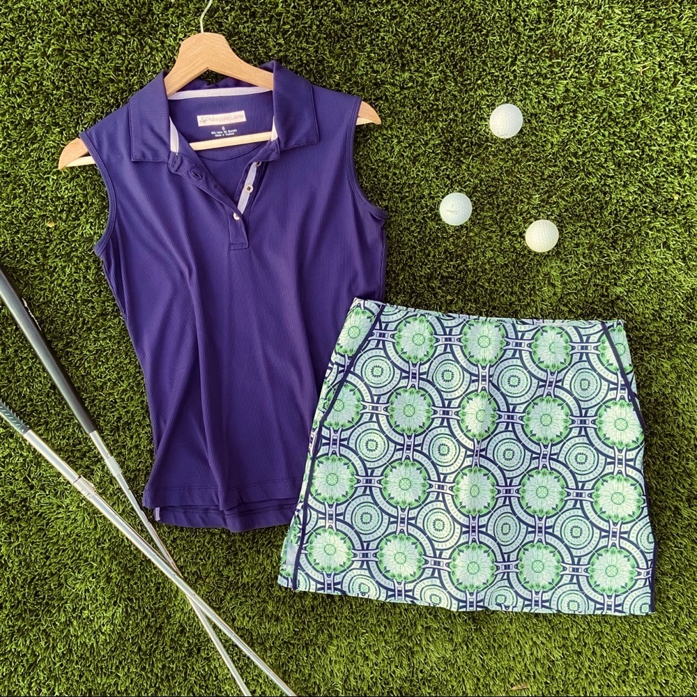 Purple Golf Skort with Green Geo Print - Performance Circle & Skater Skirt